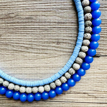 Load image into Gallery viewer, Summertime Storm Blue Chunky Statement Necklace, big Beaded thick Jewelry, Triple Strand wedding or everyday dress bridesmaid