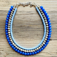 Load image into Gallery viewer, Summertime Storm Blue Chunky Statement Necklace, big Beaded thick Jewelry, Triple Strand wedding or everyday dress bridesmaid