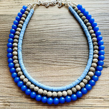Load image into Gallery viewer, Summertime Storm Blue Chunky Statement Necklace, big Beaded thick Jewelry, Triple Strand wedding or everyday dress bridesmaid
