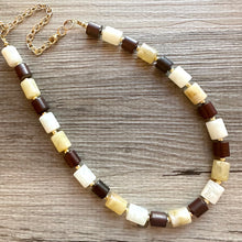 Load image into Gallery viewer, Earth Tones Statement Necklace &amp; Earring set, champagne jewelry, wood bib chunky necklace, brown jewelry tan set drop dangle resin