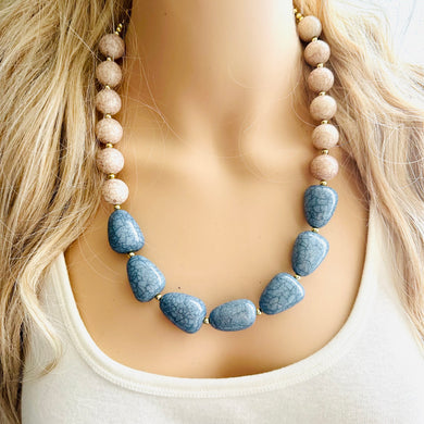 Big Bead cadet Blue & champagne Necklace, single Strand Statement Jewelry, Chunky bib bridesmaid or everyday bubble jewelry crackle