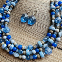 Load image into Gallery viewer, Misty Haze Blue Chunky Statement Necklace, big Beaded thick Jewelry, Triple Strand wedding or everyday dress, periwinkle lava blue earrings
