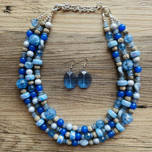 Load image into Gallery viewer, Misty Haze Blue Chunky Statement Necklace, big Beaded thick Jewelry, Triple Strand wedding or everyday dress, periwinkle lava blue earrings