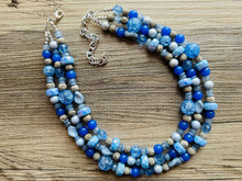 Load image into Gallery viewer, Misty Haze Blue Chunky Statement Necklace, big Beaded thick Jewelry, Triple Strand wedding or everyday dress, periwinkle lava blue earrings