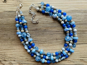 Misty Haze Blue Chunky Statement Necklace, big Beaded thick Jewelry, Triple Strand wedding or everyday dress, periwinkle lava blue earrings