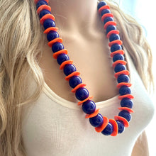 Load image into Gallery viewer, LAST ONE Orange &amp; Purple Long beaded statement necklace, single strand necklace jewelry big bead necklace, game day sports team royal