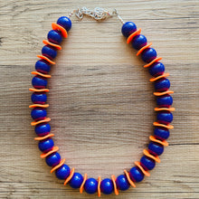 Load image into Gallery viewer, LAST ONE Orange &amp; Purple Long beaded statement necklace, single strand necklace jewelry big bead necklace, game day sports team royal