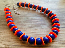 Load image into Gallery viewer, LAST ONE Orange &amp; Purple Long beaded statement necklace, single strand necklace jewelry big bead necklace, game day sports team royal