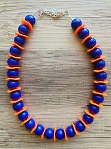 LAST ONE Orange & Purple Long beaded statement necklace, single strand necklace jewelry big bead necklace, game day sports team royal