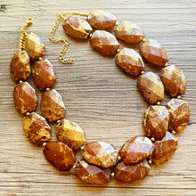 Load image into Gallery viewer, Drenched Chocolate Necklace, Double strand bright jewelry, big beaded chunky statement, summer necklace dark brown gold swirl nugget