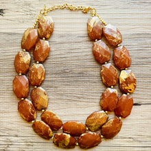 Load image into Gallery viewer, Drenched Chocolate Necklace, Double strand bright jewelry, big beaded chunky statement, summer necklace dark brown gold swirl nugget