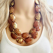 Load image into Gallery viewer, Drenched Chocolate Necklace, Double strand bright jewelry, big beaded chunky statement, summer necklace dark brown gold swirl nugget