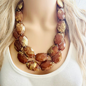 Drenched Chocolate Necklace, Double strand bright jewelry, big beaded chunky statement, summer necklace dark brown gold swirl nugget