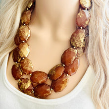 Load image into Gallery viewer, Drenched Chocolate Necklace, Double strand bright jewelry, big beaded chunky statement, summer necklace dark brown gold swirl nugget