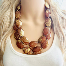 Load image into Gallery viewer, Drenched Chocolate Necklace, Double strand bright jewelry, big beaded chunky statement, summer necklace dark brown gold swirl nugget
