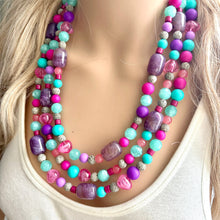 Load image into Gallery viewer, Maggie Mint Bib, Green Pink &amp; Purple statement necklace, chunky bib beaded jewelry, pink necklace, 3 strand jewelry thick earrings set