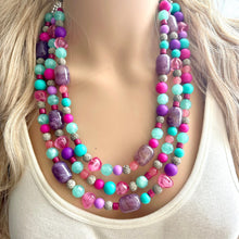 Load image into Gallery viewer, Maggie Mint Bib, Green Pink &amp; Purple statement necklace, chunky bib beaded jewelry, pink necklace, 3 strand jewelry thick earrings set