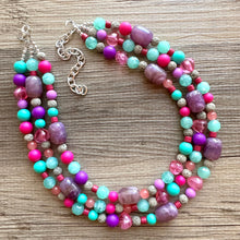 Load image into Gallery viewer, Maggie Mint Bib, Green Pink &amp; Purple statement necklace, chunky bib beaded jewelry, pink necklace, 3 strand jewelry thick earrings set