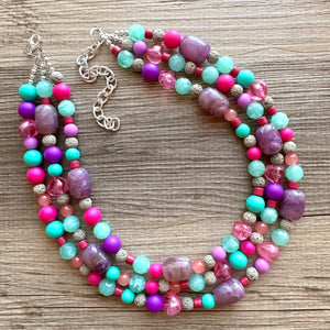 Maggie Mint Bib, Green Pink & Purple statement necklace, chunky bib beaded jewelry, pink necklace, 3 strand jewelry thick earrings set