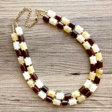 Load image into Gallery viewer, Earth Tones Statement Necklace &amp; Earring set, 2 strand champagne jewelry, wood bib chunky necklace, brown jewelry tan set drop dangle resin