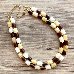 Earth Tones Statement Necklace & Earring set, 2 strand champagne jewelry, wood bib chunky necklace, brown jewelry tan set drop dangle resin