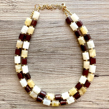 Load image into Gallery viewer, Earth Tones Statement Necklace &amp; Earring set, 2 strand champagne jewelry, wood bib chunky necklace, brown jewelry tan set drop dangle resin