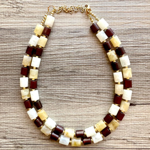 Earth Tones Statement Necklace & Earring set, 2 strand champagne jewelry, wood bib chunky necklace, brown jewelry tan set drop dangle resin
