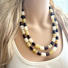 Load image into Gallery viewer, Earth Tones Statement Necklace &amp; Earring set, 2 strand champagne jewelry, wood bib chunky necklace, brown jewelry tan set drop dangle resin
