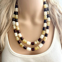 Load image into Gallery viewer, Earth Tones Statement Necklace &amp; Earring set, 2 strand champagne jewelry, wood bib chunky necklace, brown jewelry tan set drop dangle resin
