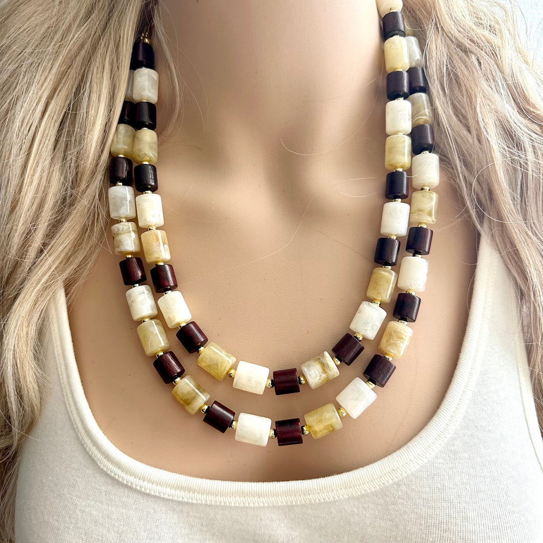 Earth Tones Statement Necklace & Earring set, 2 strand champagne jewelry, wood bib chunky necklace, brown jewelry tan set drop dangle resin