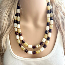 Load image into Gallery viewer, Earth Tones Statement Necklace &amp; Earring set, 2 strand champagne jewelry, wood bib chunky necklace, brown jewelry tan set drop dangle resin
