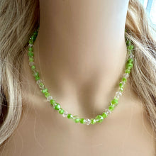 Load image into Gallery viewer, Green Sparkle Jewel Statement Necklace, Chunky 1 Strand Jewelry, silver necklace, layering long bib beaded necklace thin collar bead lime