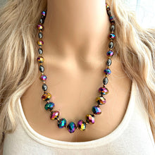 Load image into Gallery viewer, Rainbow Sparkle Jewel Statement Necklace, Chunky 1 Strand Jewelry, silver necklace, layering long bib beaded necklace thin collar bead black