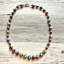 Load image into Gallery viewer, Rainbow Sparkle Jewel Statement Necklace, Chunky 1 Strand Jewelry, silver necklace, layering long bib beaded necklace thin collar bead black