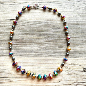 Rainbow Sparkle Jewel Statement Necklace, Chunky 1 Strand Jewelry, silver necklace, layering long bib beaded necklace thin collar bead black