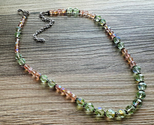 Green & Pink Sparkle Jewel Statement Necklace, Chunky 1 Strand Jewelry, silver layering long bib beaded necklace thin collar bead lime