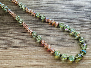 Green & Pink Sparkle Jewel Statement Necklace, Chunky 1 Strand Jewelry, silver layering long bib beaded necklace thin collar bead lime