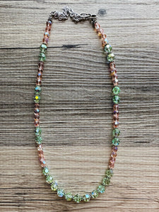 Green & Pink Sparkle Jewel Statement Necklace, Chunky 1 Strand Jewelry, silver layering long bib beaded necklace thin collar bead lime