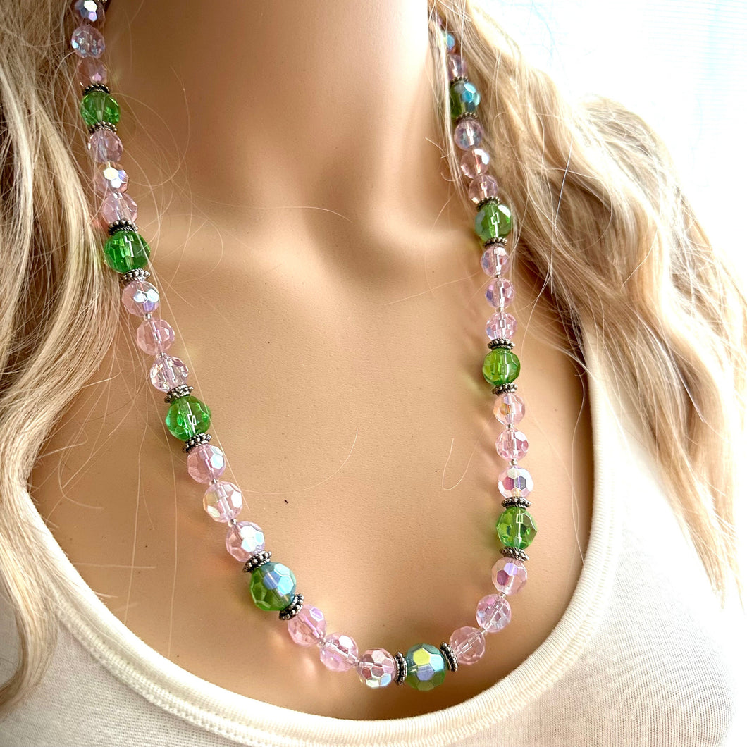 Green & Pink Sparkle Jewel Statement Necklace, Chunky 1 Strand Jewelry, silver layering long bib beaded necklace thin collar bead lime