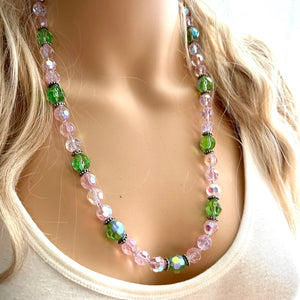 Green & Pink Sparkle Jewel Statement Necklace, Chunky 1 Strand Jewelry, silver layering long bib beaded necklace thin collar bead lime