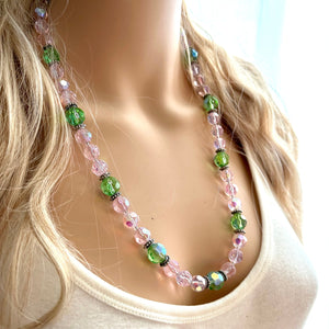 Green & Pink Sparkle Jewel Statement Necklace, Chunky 1 Strand Jewelry, silver layering long bib beaded necklace thin collar bead lime