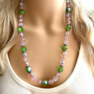 Green & Pink Sparkle Jewel Statement Necklace, Chunky 1 Strand Jewelry, silver layering long bib beaded necklace thin collar bead lime