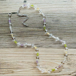 Clear Rainbow Sparkle Jewel Statement Necklace, Chunky 1 Strand Jewelry, silver necklace, layering long bib beaded necklace thin collar