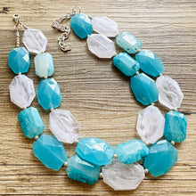 Load image into Gallery viewer, Aqua Blue Double Strand Statement Necklace, Chunky light blue Oval Beaded Bib Jewelry, blue jewelry, baby blue jewlery necklace