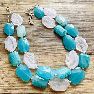 Aqua Blue Double Strand Statement Necklace, Chunky light blue Oval Beaded Bib Jewelry, blue jewelry, baby blue jewlery necklace
