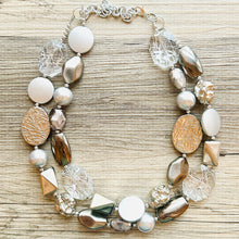 Load image into Gallery viewer, Gray Ombré Chunky Statement Necklace, multi Strand Beaded Jewelry, cadet blue jewelry, 3 strand chunky bib silver gem bead set