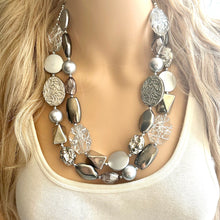 Load image into Gallery viewer, Gray Ombré Chunky Statement Necklace, multi Strand Beaded Jewelry, cadet blue jewelry, 3 strand chunky bib silver gem bead set