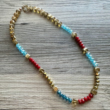 Load image into Gallery viewer, Red Sparkle Jewel Statement Necklace, Chunky 1 Strand Jewelry, gold layering long bib beaded thin collar bead turquoise blue maroon