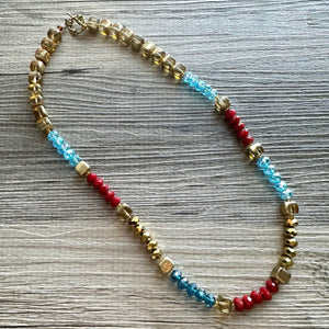 Red Sparkle Jewel Statement Necklace, Chunky 1 Strand Jewelry, gold layering long bib beaded thin collar bead turquoise blue maroon