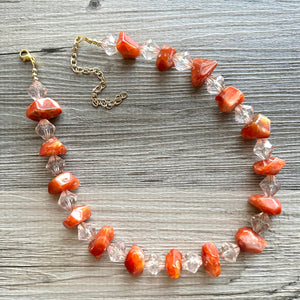 Natural carnelian Beaded 1 strand Statement Necklace, Chunky Bib Single Jewelry Light orange stone jewelry, gemstone layering red cream gold